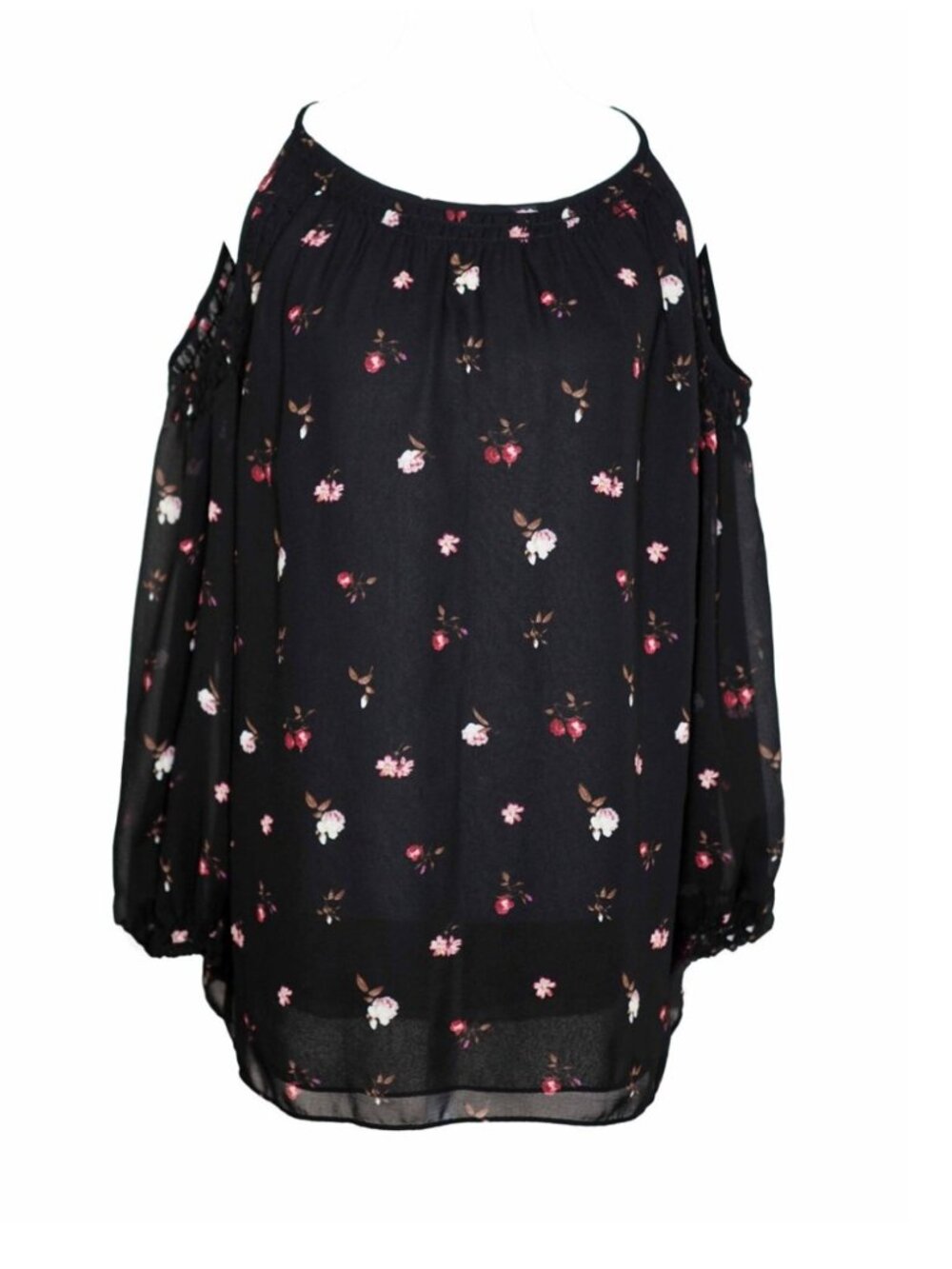 MAX STUDIO Edit Black Red Floral 3/4 Sleeve Cold Shoulder Cutout Tie Back Blouse